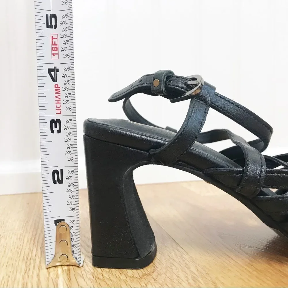 New SEYCHELLES‎ Braided Black Leather Chunky Heel Sandal Strappy Woven Size 6
